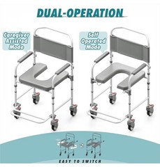 Bedside Commode with Wheels, Shower Wheelchair with 300 LBS Weight Capacity
