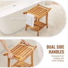 300lb Teak Shower Bench 22×14.4×18.5in, Dual Handles, Storage Shelf, Non-Slip