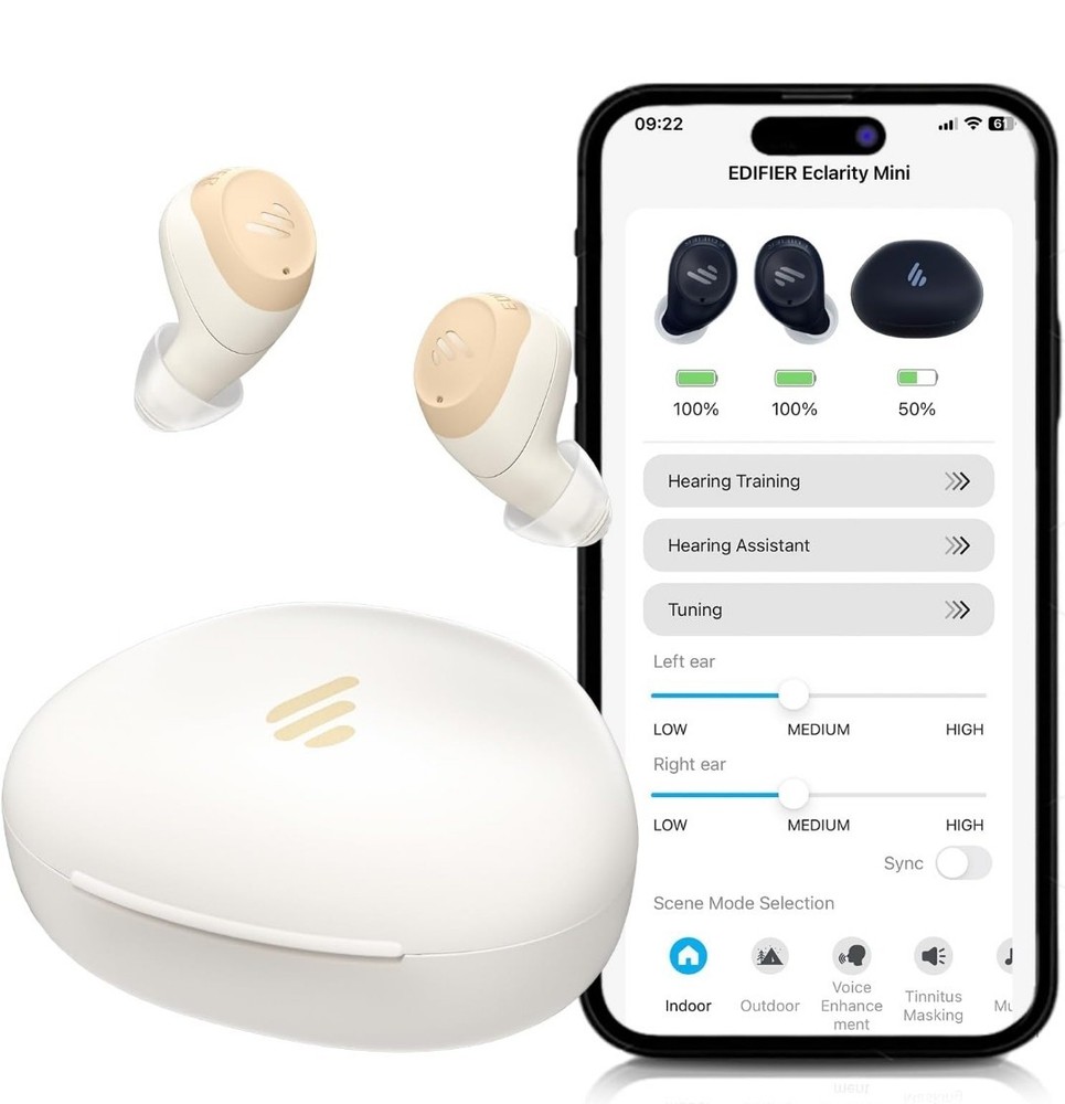 Edifier Mini Hearing Aids, Bluetooth, Rechargeable, Noise Cancellation, 4 Modes,