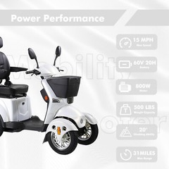 Powerful Electric Mobility Scooter 800W 60V 20A Motor 500LBS Weight Capacity