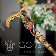 Adam Eve Handpainted Walking stick cane Aple & Snake Wooden Hole Bible Christian