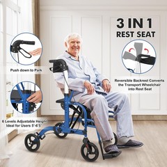 Ⓜ️Walker Wheelchair Combo Foldable Aluminum Rollator with Footrests for Seniors