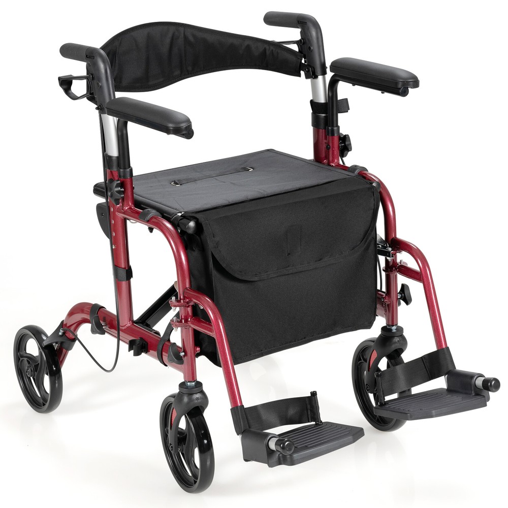 Goplus Foldable Rollator Walker w/ 8” Wheels &Seat Supports up to 300 lbs Red
