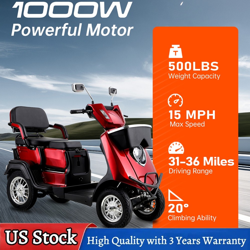 2 Seater 1000W All Terrain 4-Wheel Adult Senior Mobility Scooter 500lb 36 miles