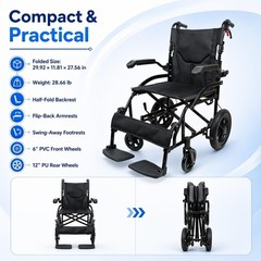 Lightweight Folding Transport Wheelchair w/6″ Front 12″ PU Mag Wheel & Handbrake