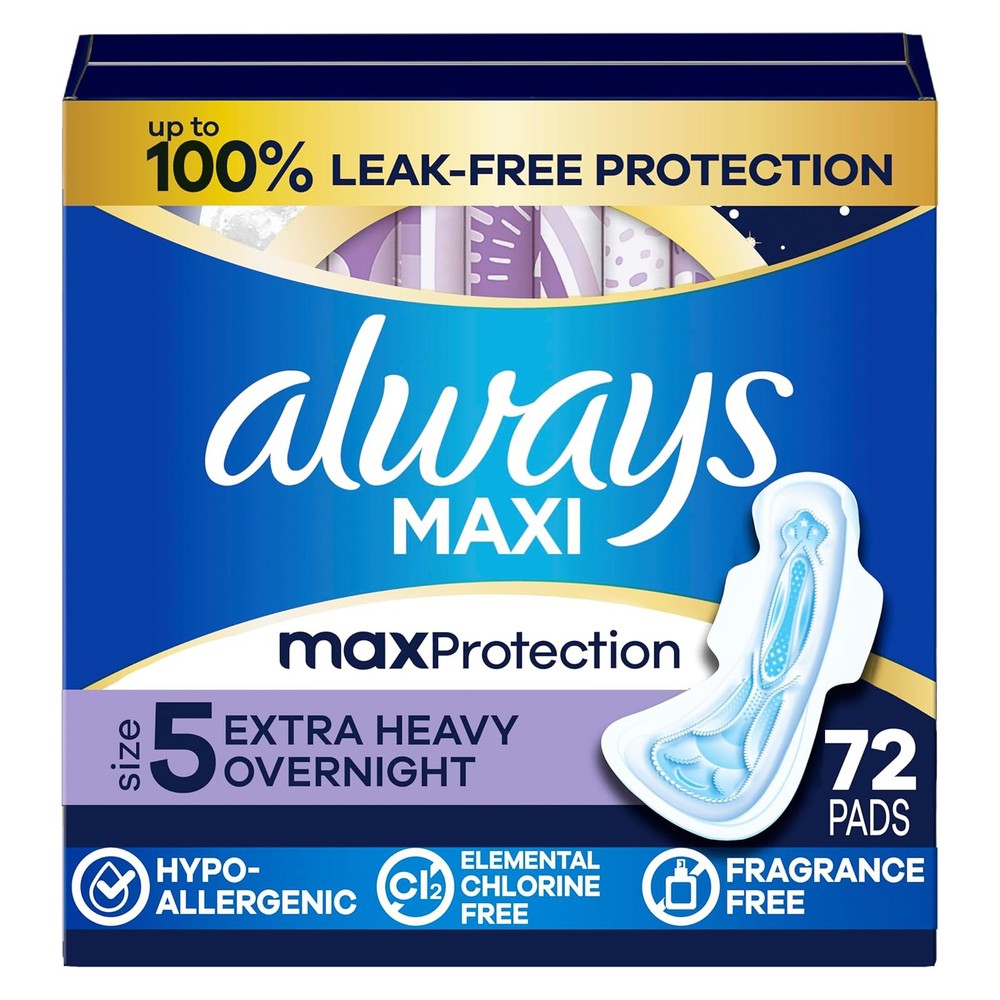 Always Maxi Overnight Pads with Wings, Size 5, Extra Heavy Overnight, 72 Count