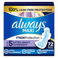 Always Maxi Overnight Pads with Wings, Size 5, Extra Heavy Overnight, 72 Count