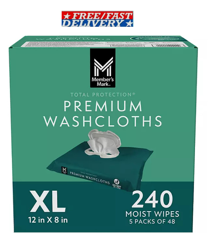 Member’s Mark Adult Washcloths Body Wipes 240 Ct XL [5 Packs of 48] + Free Ship