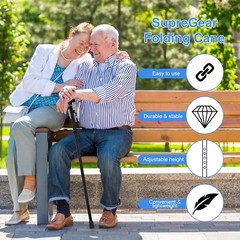 Adjustable Height Folding Cane Lightweight Portable with Wrist Strap Black