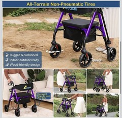 AKOASM Foldable 4-Wheel Rollator Walker Seat Backrest Handbrakes 300lb Purple
