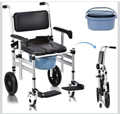 Shower Chair with Wheels 4 in 1 Folding Padded Bedside Commode,Detachable Bucket