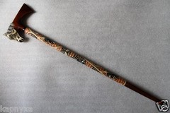 HORSE & HATCHET Handcrafted Hand Awesome Carved Wooden WALKING STICK Cane 36″