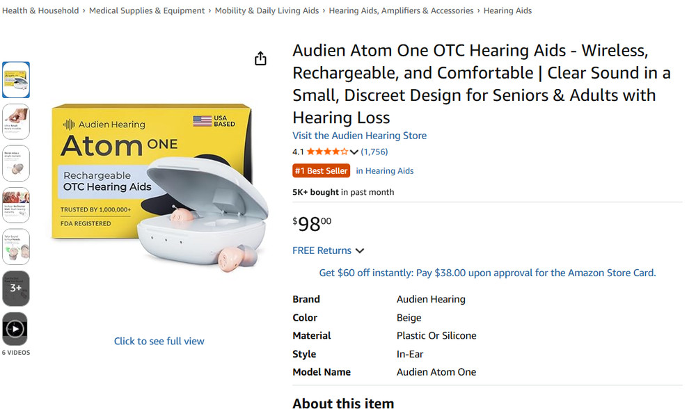 Audien Atom One OTC Hearing Aids Wireless, Rechargeable, Beige SEALED-B2