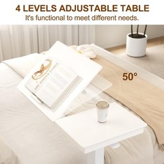 Solid Wood Overbed Bedside Table with Wheels, Adjustable Medical Tilt Top Hospit