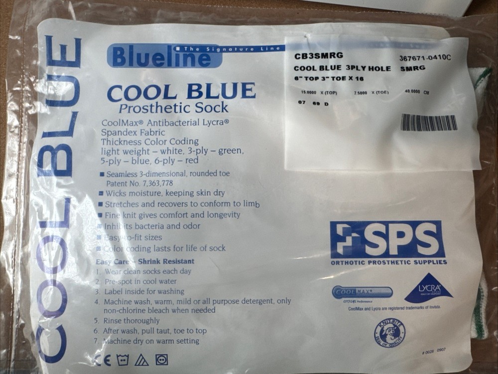 Cool Blue 3 Ply Prosthetic Sock w/ Hole 6” Top X 3” Toe X 16 Length CB3SMRG