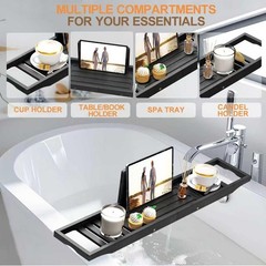 Bathtub Tray Caddy Black – Bath Tray Black – Bath Tub Table Tray Caddy – Bamb…