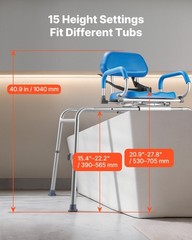 Tub Bench w/ Slide & Swivel: 330lb Alum, 15-Level Height, Lift-Up Arms