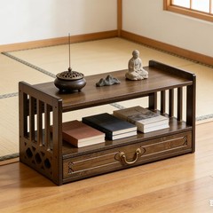 Birdfba Floor Table Altar 2-Tier Meditation Table Drawers Bamboo Coffee Table