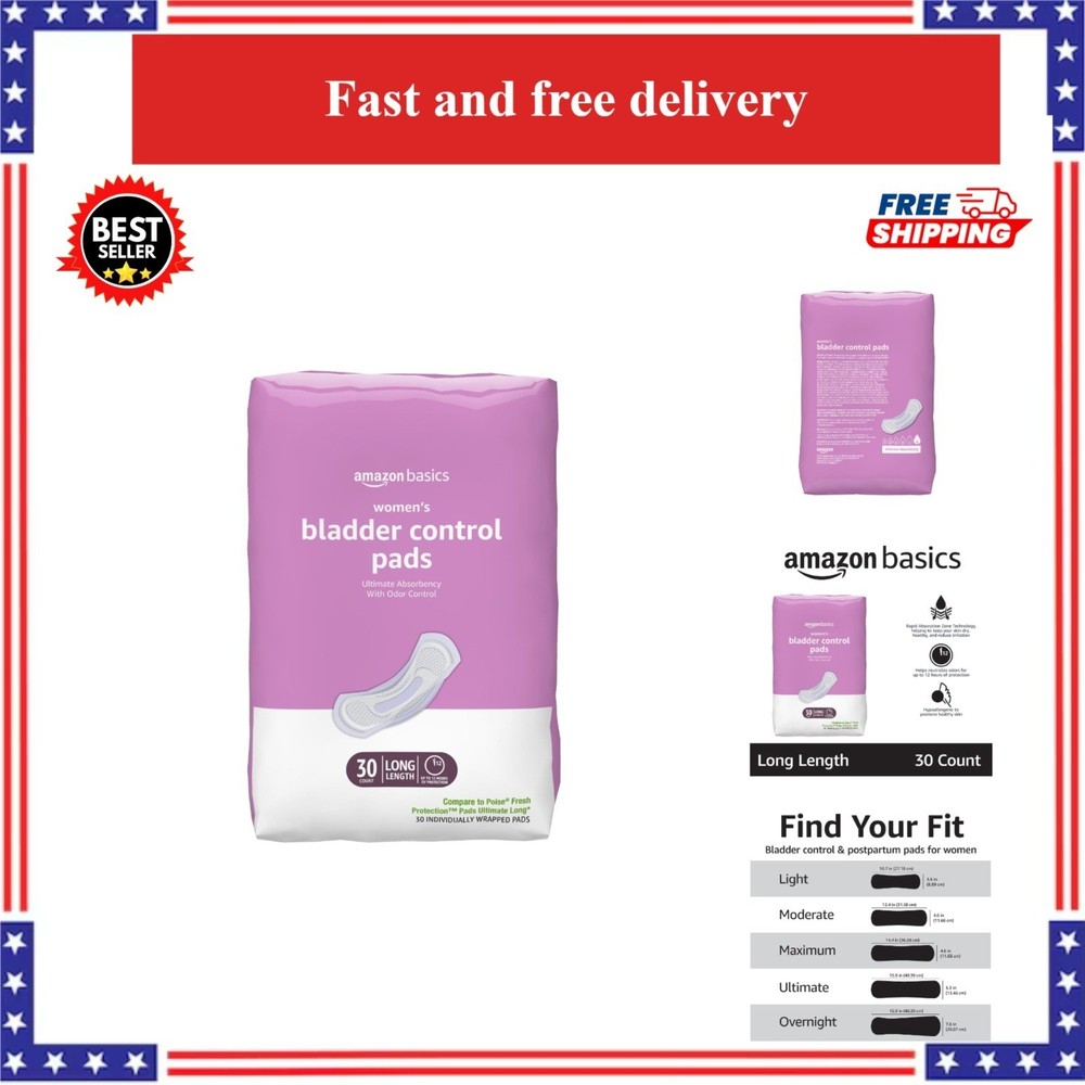 Amazon Basics Incontinence Pads for Women, Long, Ultimate Absorbency, 30 Count