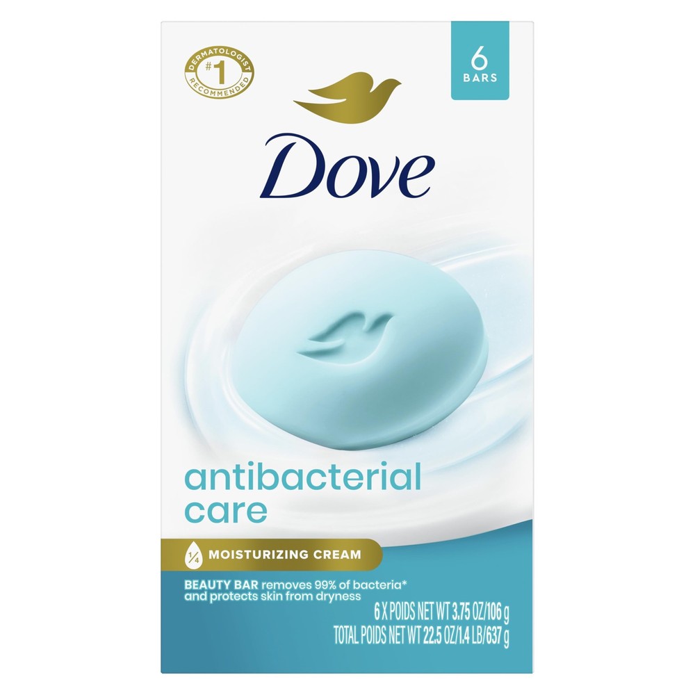 Dove Beauty Bar Soap Antibacterial Care 6 Count For Clean Moisturized Skin