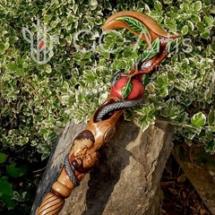 Adam Eve Handpainted Walking stick cane Aple & Snake Wooden Hole Bible Christian