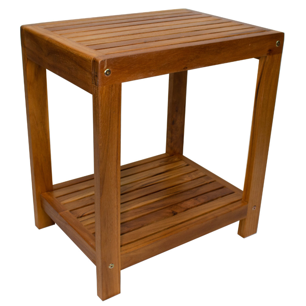 Nordic Style Oiled Teak Wood Shower and Bath Spa Bench with Shelf – 18″