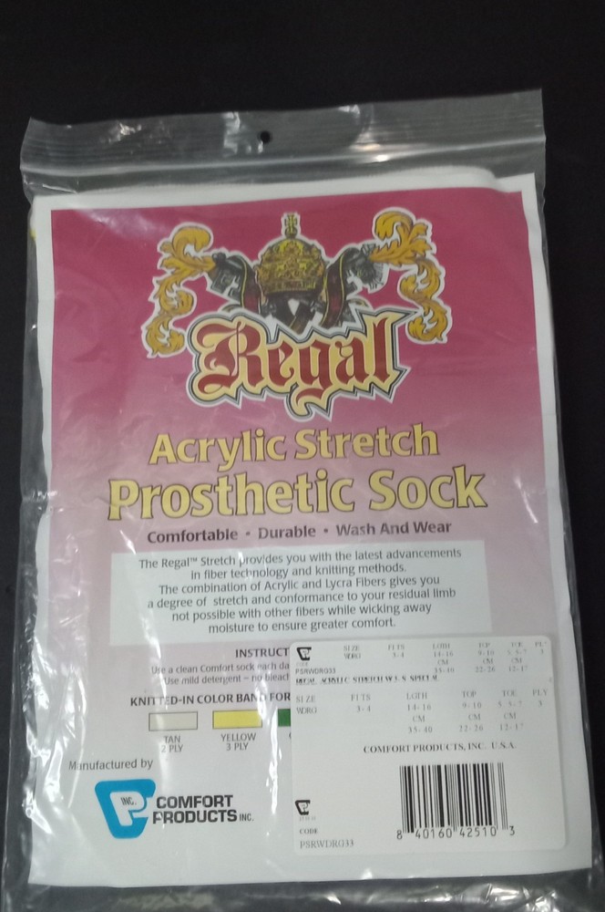 Regal Acrylic Stretch Prosthetic Sock Wide Reg Size 3-4 PSRWDRG33 3-Ply Yellow