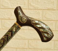 Handmade Abalone Shell Walking Cane – Wood & Brass Inlaid Walking Stick 36″