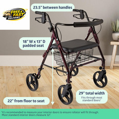 Large Extra Wide Aluminum Bariatric Rollator Walker with Seat, Burgundy, 400 Lb.