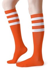 Cotton Knee High Socks Triple Stripes Over the Calf 9-13 A04-orange/White