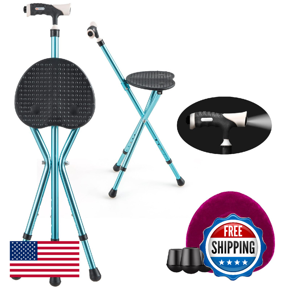 Goplus Walking Cane Seat Folding Heavy Duty Aluminum Alloy Crutch Chair Led