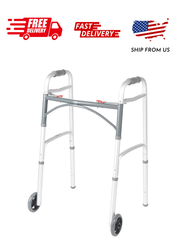 Drive Medical Deluxe Folding Walker with Wheels, U-Shaped Frame, Adjustable Heig