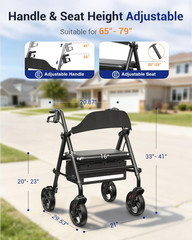 Rollator Walker with Seat, Foldable Walkers for Seniors with Seat, Thickened Fra
