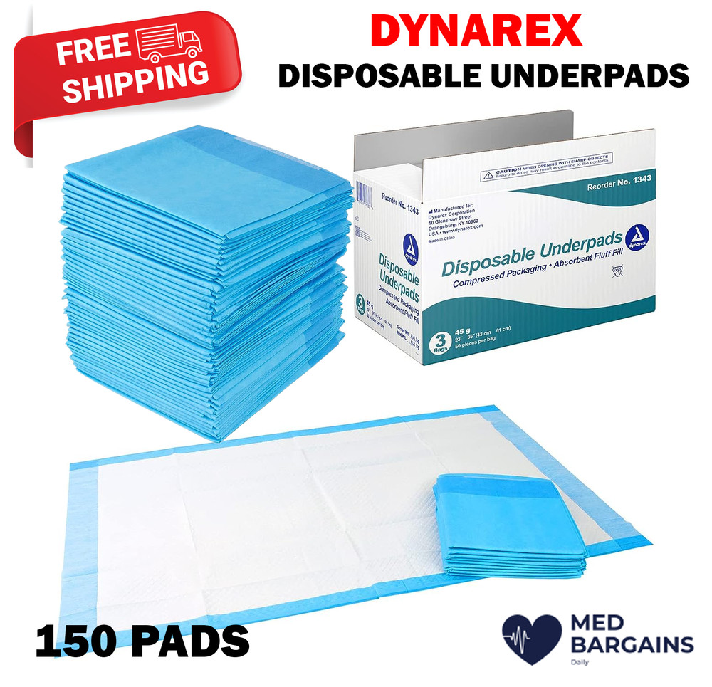 Dynarex Medical-Grade Patient Bed Underpads 23″ x 36″ Puppy Dog Pads 150CT/CASE