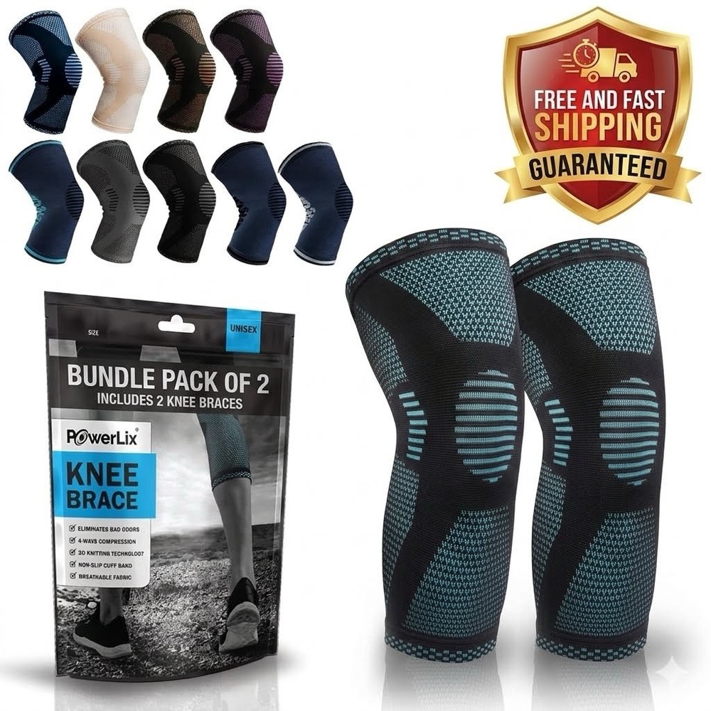 PowerLix Knee Brace 2 Pack Compression Sleeve Support Joint Pain Relief Sport