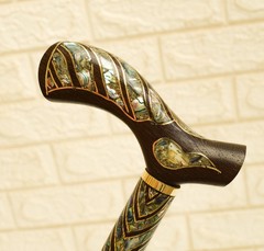 Handmade Abalone Shell Walking Cane – Wood & Brass Inlaid Walking Stick 36″