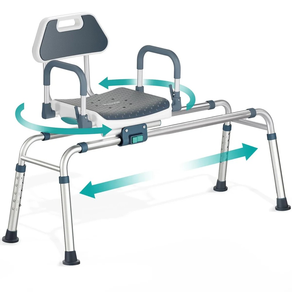 PELEGON Sliding Shower Chair Tub Transfer Bench Swivel Seat Elderly 360° Blue