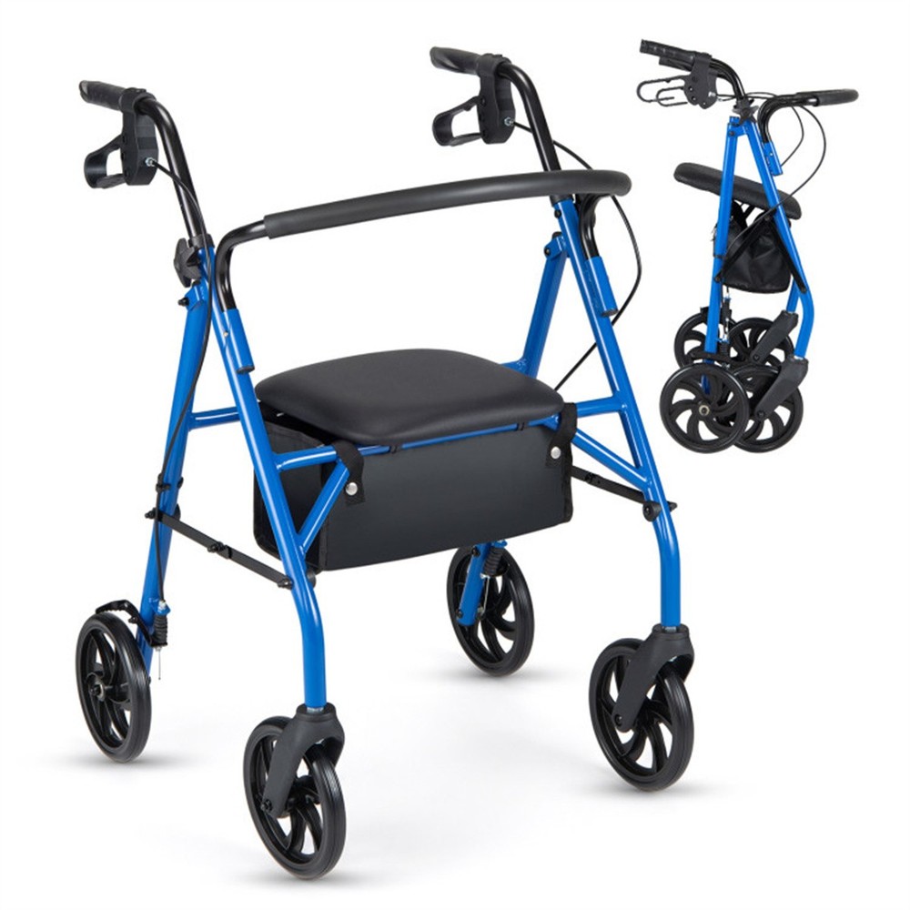 2 in 1 Blue Rollator Walker with Seat 8 Inch Large Wheels Adjustable Height