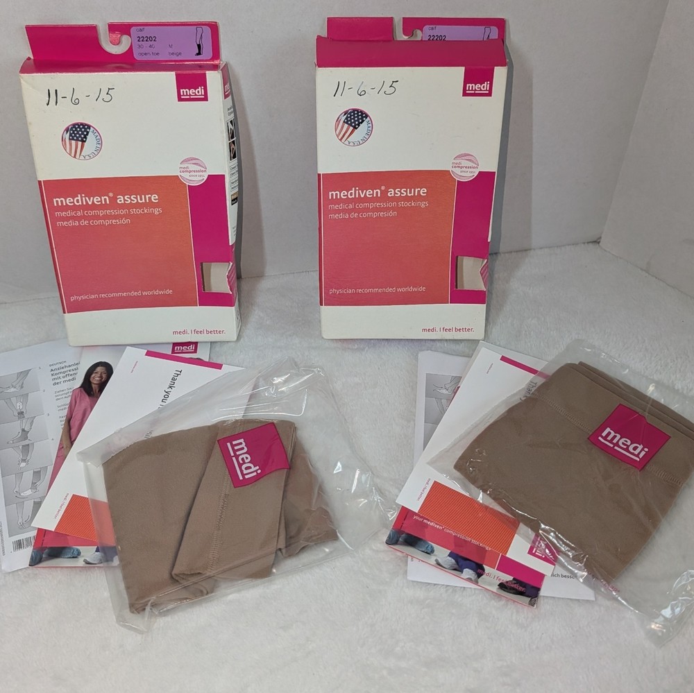 2 Mediven Assure Medical 30-40 Compression Stockings Socks Beige Open Toe Calf M