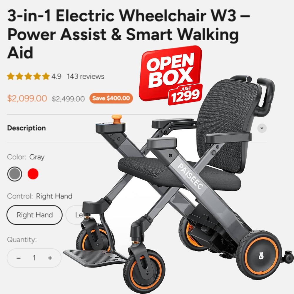 PAISEEC 3IN1 Electric Wheelchair for Adults Dual 360W Power Motor – Tested Good！