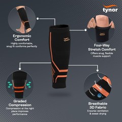 TYNOR Calf Compression Sleeves for Men and Women 1 Pair XL, Black & Orange