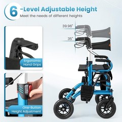 Rollator Walker & Wheelchair, 308lb Capacity, Adjustable Height, Black
