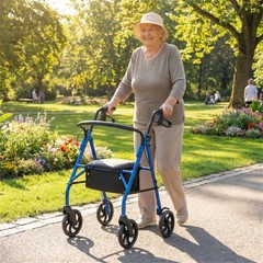 2 in 1 Blue Rollator Walker with Seat 8 Inch Large Wheels Adjustable Height