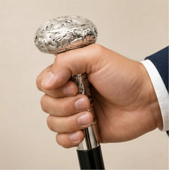 Elegant Decorative Walking Cane Silver Tone Ornate Handle Gentleman Dress Cane