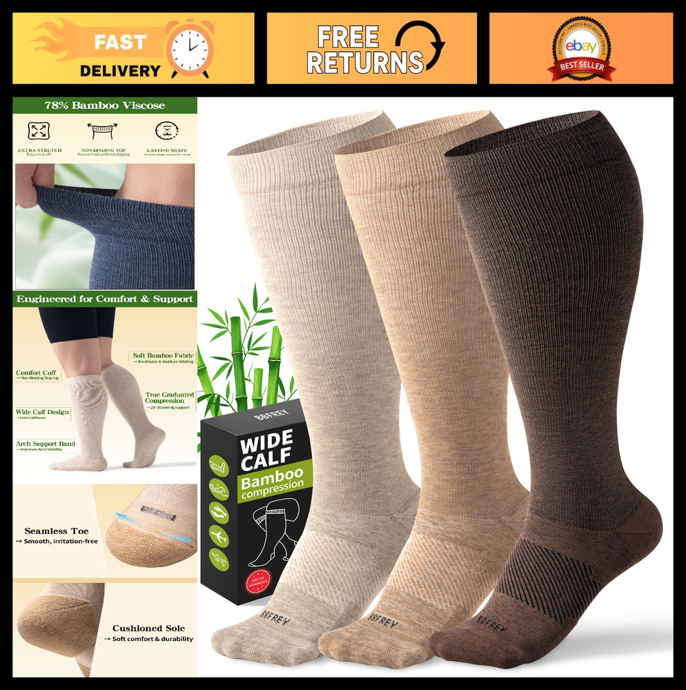 Wide Calf Compression Socks 20-30 mmHg for Women & Men – Bamboo Knee High, 3 Pai