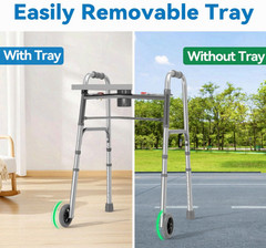Folding Walker w/ Tray & 5″ Wheels, Adjustable Lightweight Walker, Silver