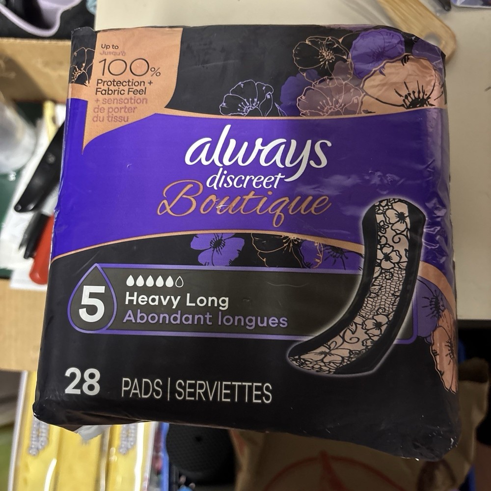 Always Discreet Boutique Incontinence Pads, Size 5, Heavy Absorption, Long, 28ct