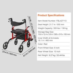 VEVOR 2 in 1 Rollator Walker & Transport Chair Folding Walker Wheelchair Combo
