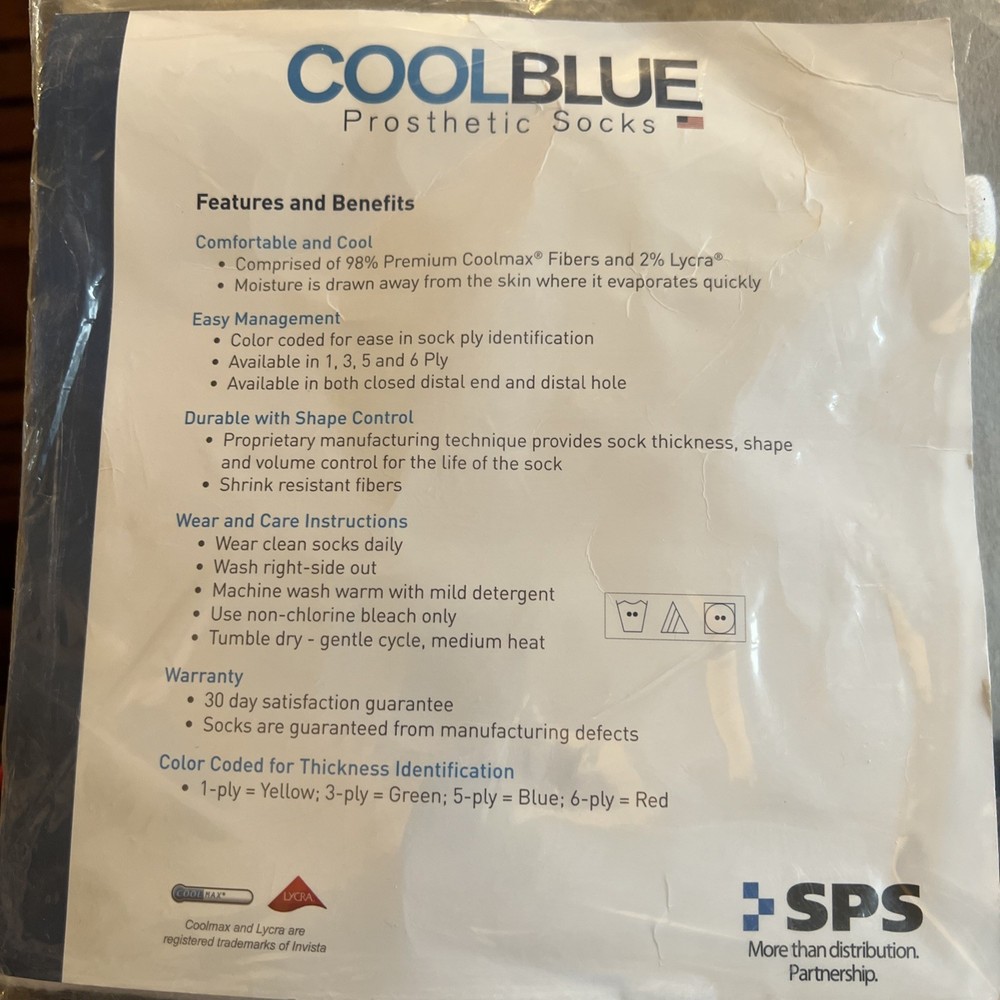 CoolBlue 5Ply Prosthetic Sock Sz 5,6 length 10-14 White CB5HXSH2