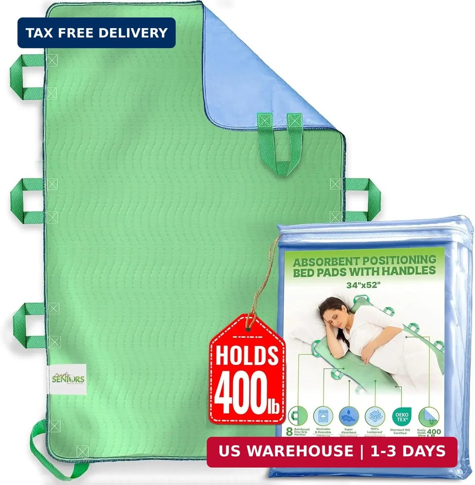 Absorbent Positioning Bed Pads for Elderly with 8 Handles 34″x52″- Washable Wate